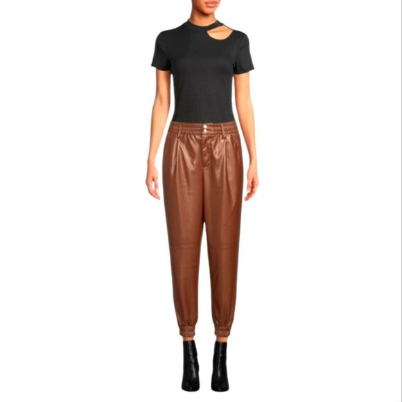 Women's Chocolate Brown Faux Leather Joggers Size 13 - Picture 1 of 6